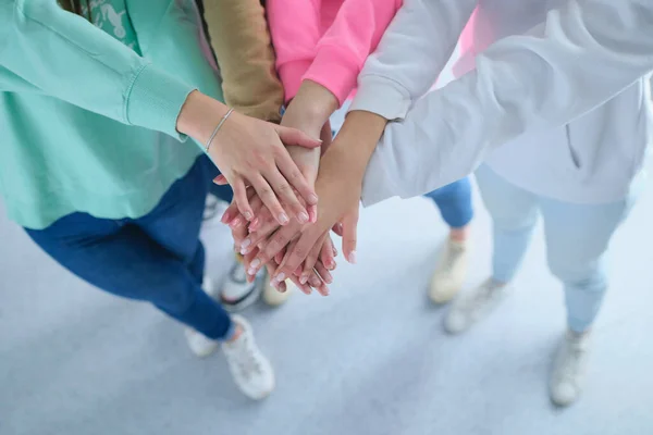 Pessoas que dão as mãos, mulheres jovens que estão juntas — Fotografia de Stock