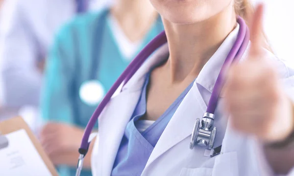 Young happy female doctor showing thumbs up — Stock Photo, Image