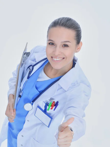 Médica com prancheta. Mulher médica — Fotografia de Stock