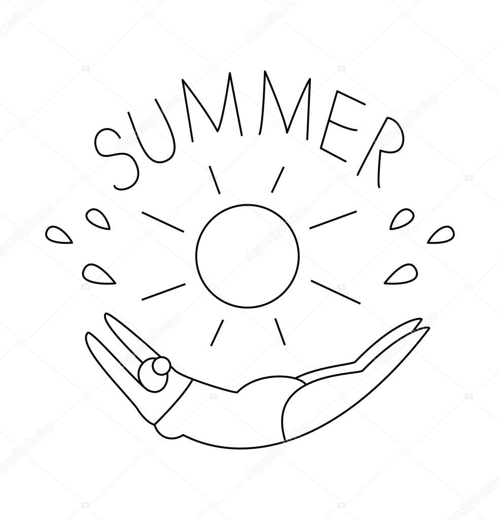 Line art summer beach logo. Woman jumping into the water, coloring page vector illustration