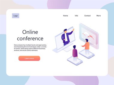 Online konferans. Eğitim izometrik landidng sayfa. Teknoloji vektör çizim