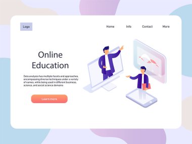 Online webinar. Eğitim izometrik landidng sayfa. Teknoloji vektör çizim