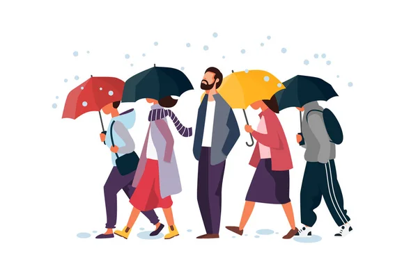 La gente tiene l'ombrello, cammina sotto la pioggia. Uomo e donna autunno personaggi vettoriale illustrazione . — Vettoriale Stock
