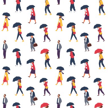 Dikişsiz Sonbahar yağmur desen. Şemsiye, yağmurlu günde yürüyen insanlarla. Karakter arka plan vektör çizim.