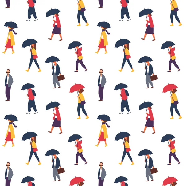 Patrón de lluvia otoñal sin costuras. Gente con paraguas, caminando en un día lluvioso. Personajes fondo vector ilustración . — Vector de stock