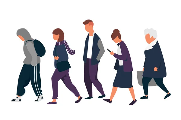 Personaggi maschili e femminili. Molta gente cammina in abiti autunnali. Illustrazione vettoriale — Vettoriale Stock