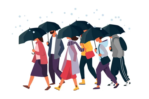 Mensen houden van paraplu, lopen onder de regen. Man en vrouw herfst tekens vector illustratie. — Stockvector