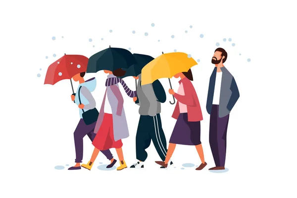 Menschen mit Regenschirm, die im Regen spazieren gehen. Mann und Frau Herbst Zeichen Vektor Illustration. — Stockvektor