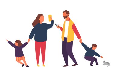 Meşgul Ebeveynler ile hareket eden smartphones. Aile çocuklarla. İnsanlar illüstrasyon vektör