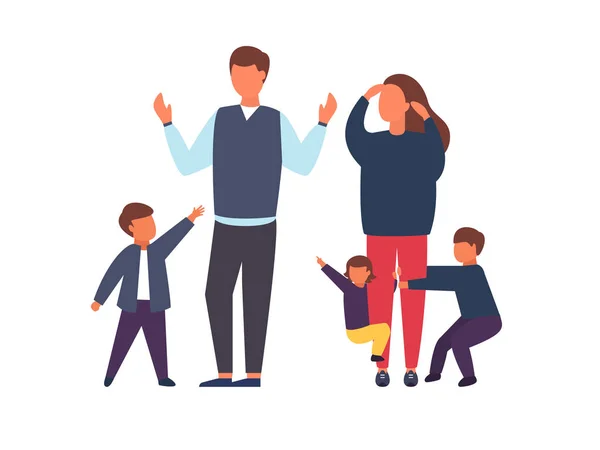 Gezin met kinderen. Drukke en vermoeide ouders met stoute kinderen. Vectorillustratie — Stockvector