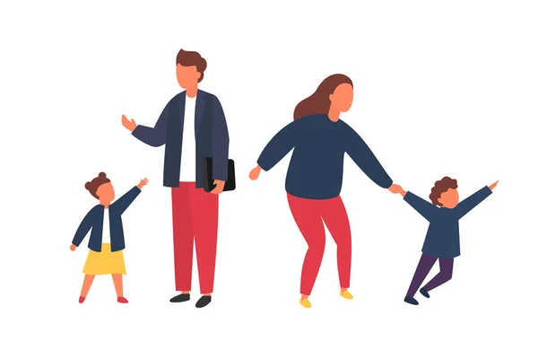 Familia con hijos. Padres ocupados y cansados con hijos traviesos. Ilustración vectorial — Vector de stock