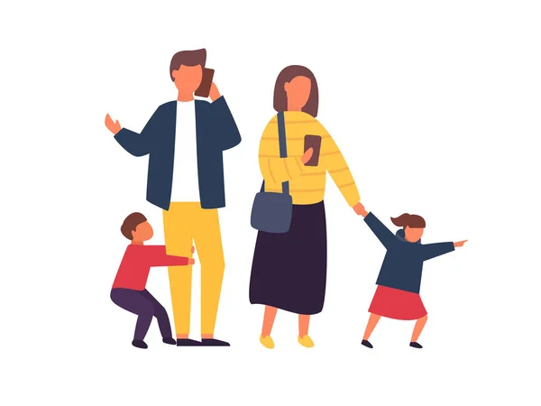 Druk bezette ouders met mobiele smartphones. Gezin met kinderen. Mensen vector illustratie — Stockvector