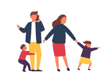 Aile çocuklarla. Yaramaz çocuklar ile meşgul ve yorgun veliler. Vektör çizim