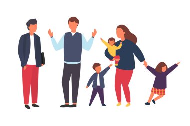 Aile çocuklarla. Yaramaz çocuklar ile meşgul ve yorgun veliler. Vektör çizim