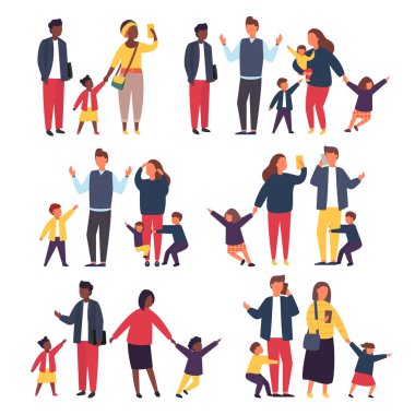 Aile çocuklarla. Yaramaz çocuklar ile meşgul ve yorgun veliler. Vektör çizim