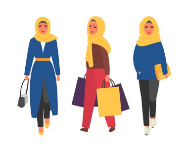 Hijab Müslüman kadın. Arap modern moda. Vektör insanlar