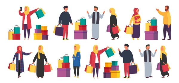 Shopping muslim people with bags. Vector sale illustration — Stock Vector