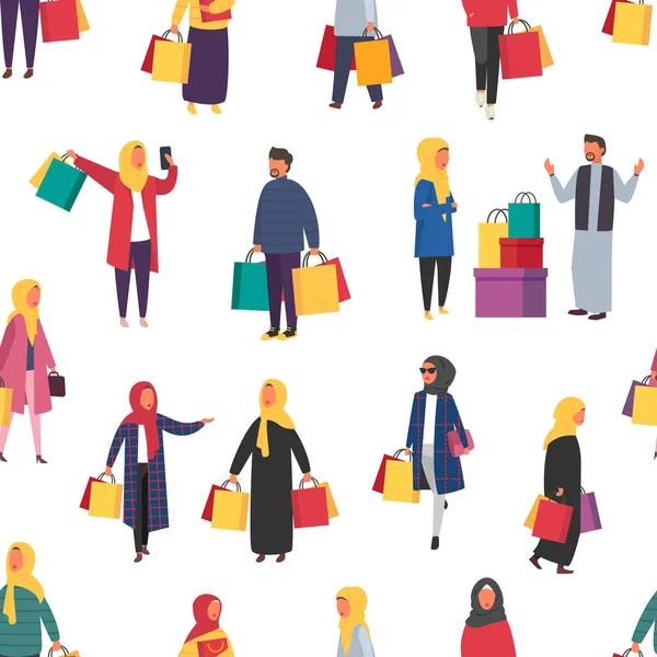 Moslim winkelen mensen met tassen. Naadloze vectorillustratie — Stockvector