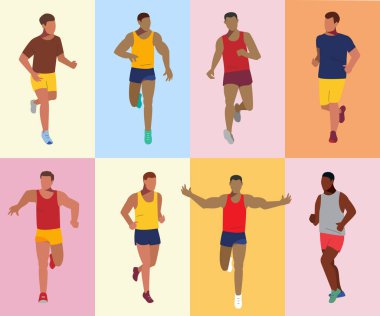 Koşucular ayarlayın. Rekabet çalışan spor. Sporcular illüstrasyon vektör.