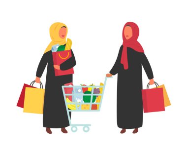 Alışveriş sepeti ile süpermarket gıda Dükkanı kadında. Düz tasarlamak vektör.
