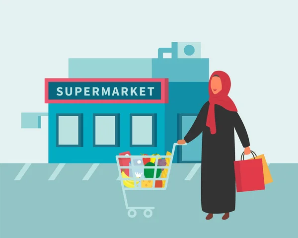 Vrouw in supermarkt food winkel met winkelwagen. Gezond eten concept. Platte ontwerp vector. — Stockvector