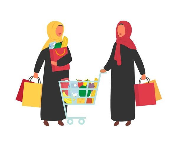 Žena v supermarketu potravin se nákupní košík. Plochý design vektor. — Stockový vektor