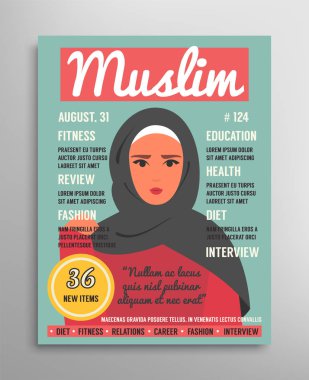 Dergi kapağı şablon Arap Müslüman kadınlar için sağlık ve güzellik, moda hakkında. Vektör çizim