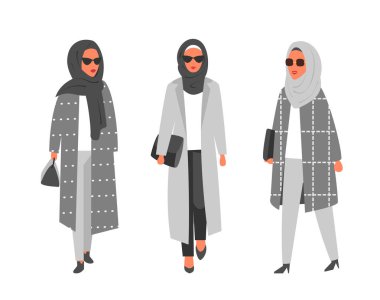 Hijab Müslüman kadın. Arap modern moda. Vektör insanlar