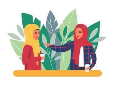 Müslüman kadınlar kahve zamanı. Günlük yaşam vektör illüstrasyon
