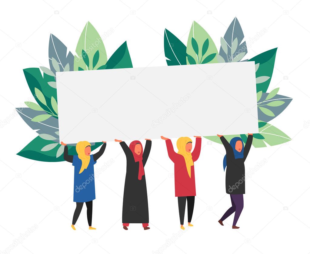 Muslim women with empty banner vector illustration