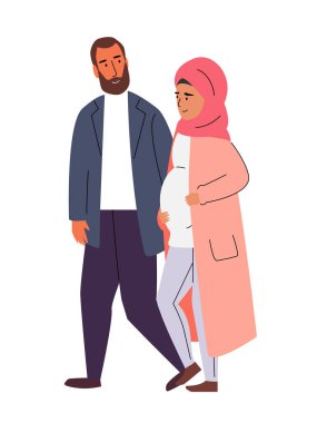 Müslüman aile, başörtüsü hamile kadın, vektör illüstrasyon