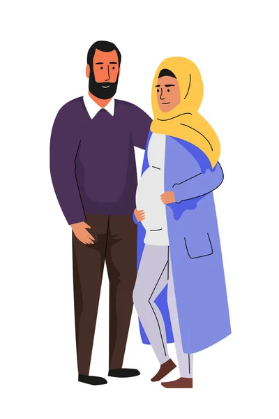 Moslim familie, zwangere vrouw in hijab, vector illustratie — Stockvector