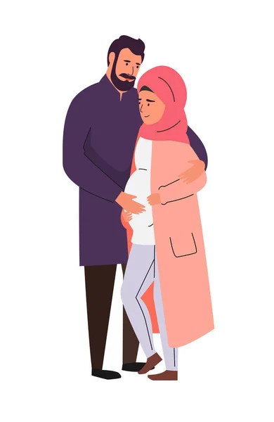 Moslim familie, zwangere vrouw in hijab, vector illustratie — Stockvector