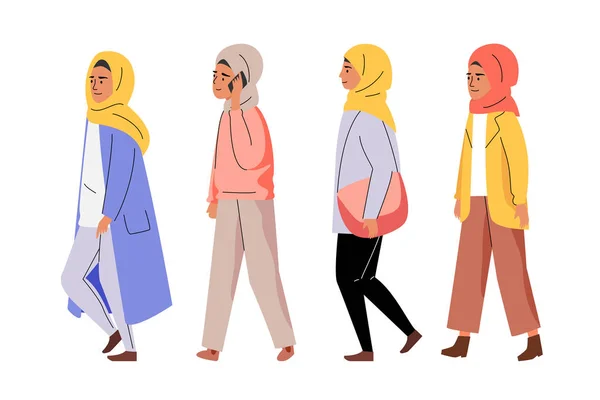 穆斯林妇女走在行矢量插图 — 图库矢量图片