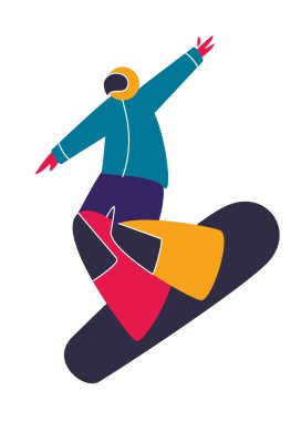 Kış dağ sporları aktiviteleri. Snowboard. Snowboard binicisi. Düz stil karakterler vektör illüstrasyon.