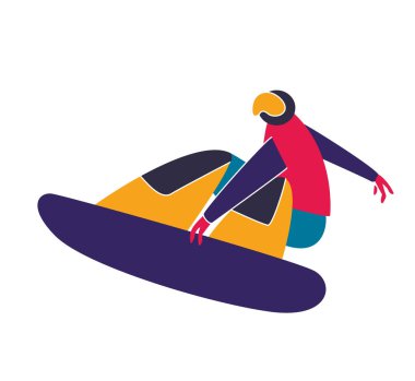 Kış dağ sporları aktiviteleri. Snowboard. Snowboard binicisi. Düz stil karakterler vektör illüstrasyon.