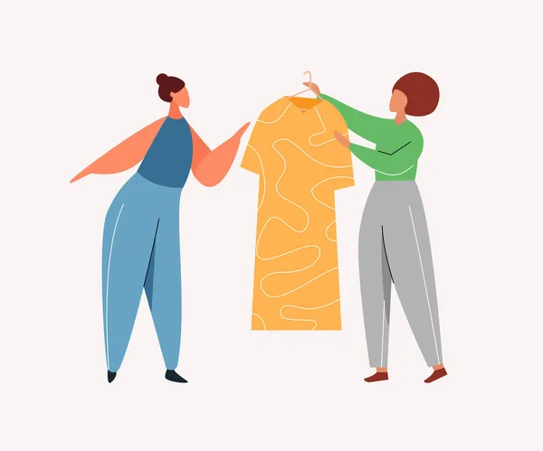 Een vrouw die kleren koopt in een winkel. Klanten- en consulentenpersonages die winkelen in de kledingwinkel. Kleding verkoop. Platte vectorillustratie. — Stockvector