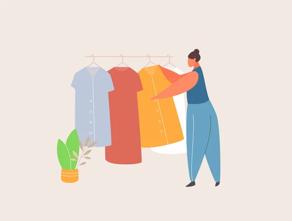 Een vrouw in een kledingwinkel. Klantenkarakter winkelen bij kledingwinkel. Kleding verkoop. Platte vectorillustratie. — Stockvector