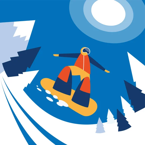 Zimní horské sportovní aktivity. Snowboarding. Jezdkyně snowboard. Znaky plochého stylu vektorová ilustrace. — Stockový vektor