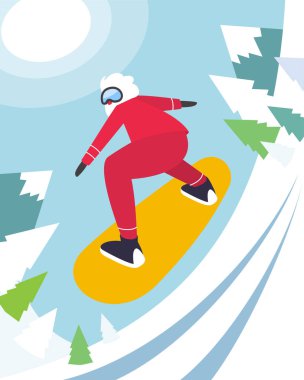 Snowboard Noel Baba. Kış sporları. Noel Baba 'yla düz tasarım çizimi. - Vektör