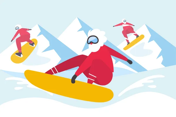 O Pai Natal de snowboard. Atividades esportivas de inverno. Ilustração de design plano com Papai Noel. - Vector — Vetor de Stock