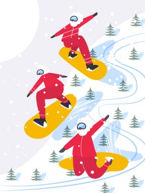 Snowboard Noel Baba. Kış sporları. Noel Baba 'yla düz tasarım çizimi. - Vektör