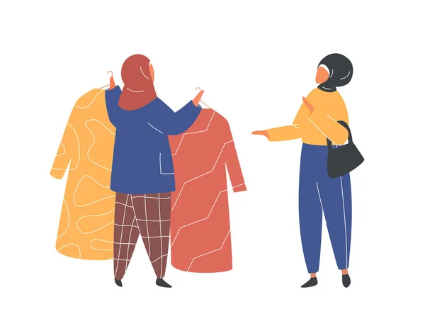 히잡을 입은 이슬람 여성 이 옷 가게에서 쇼핑을 하고 있습니다. 평면 벡터. — 스톡 벡터