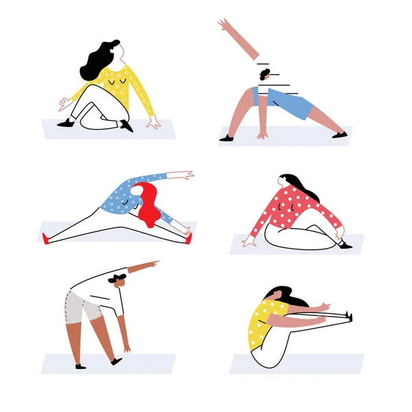 Conjunto de ioga exercitando pessoas. Vetor de treinamento esportivo — Vetor de Stock
