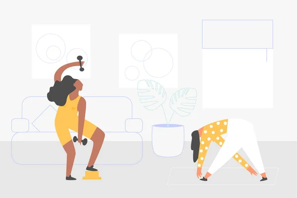 Online fitness hemma. Sport utöva vektor människor — Stock vektor