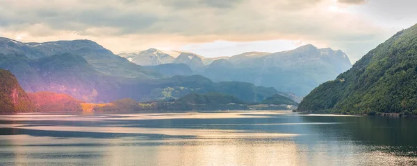 Norway fjord sunset panorama, mountain landscape