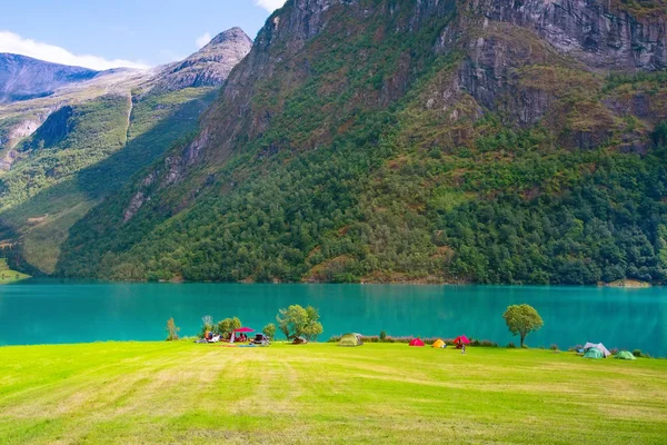 Norvég fjord camping táj — Stock Fotó