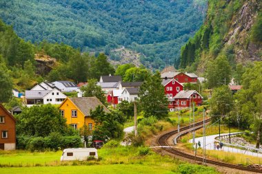 Renkli evleri manzara ile Norveç köy