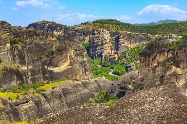 Panoramic View Few Meteora Monasteries High Cliff Rock Mountains Spring — Stock Photo, Image