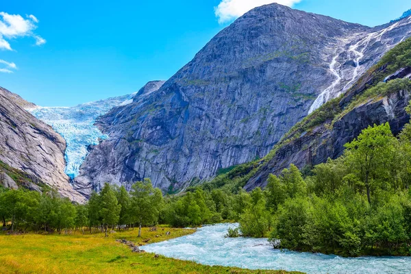 Briksdal glacier, waterfall in Norway